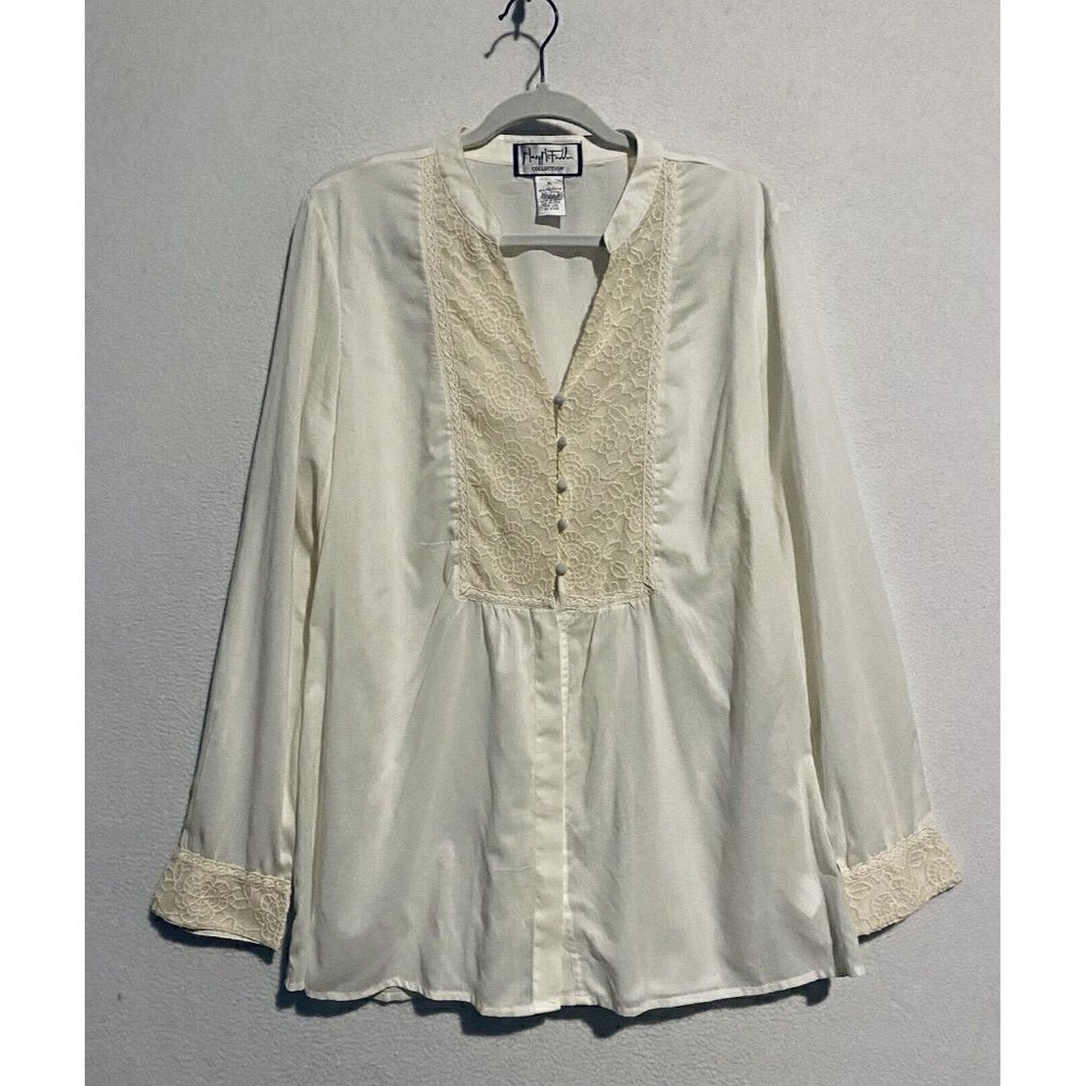 Mary McFadden Top Womens XL Crochet Lace Trim Long Sleeve Ivory Cottagecore